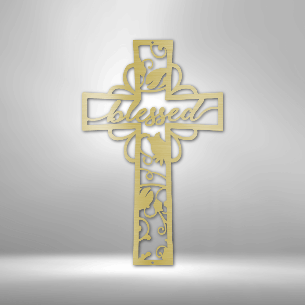 Personalized steel sign, blessed cross, gold finish, steel Christian sign, Christian wall décor , spiritual wall plaque 