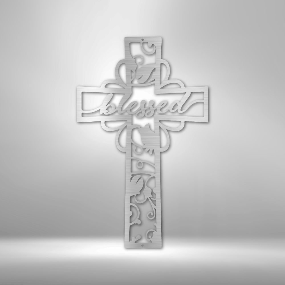 Personalized steel sign, blessed cross, silver finish, steel Christian sign, Christian wall décor , spiritual wall plaque 