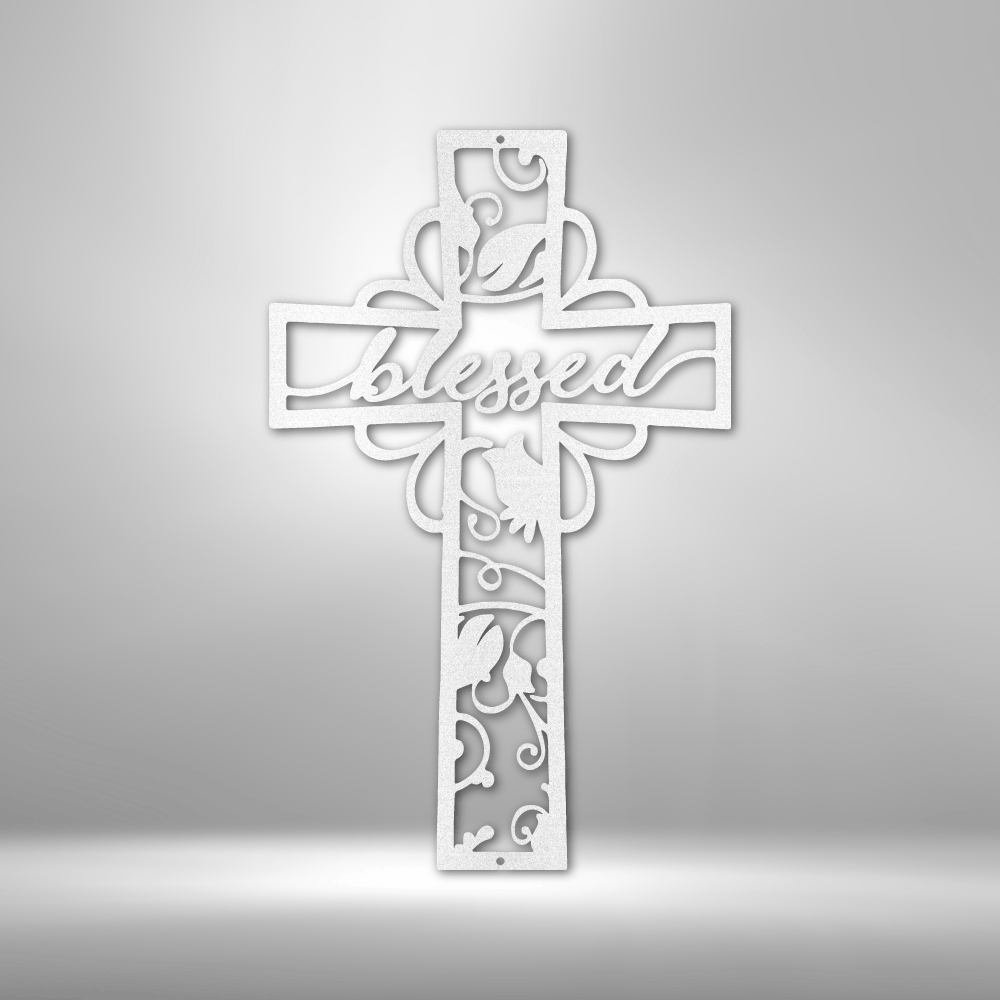 Personalized steel sign, blessed cross, white finish, steel Christian sign, Christian wall décor , spiritual wall plaque 