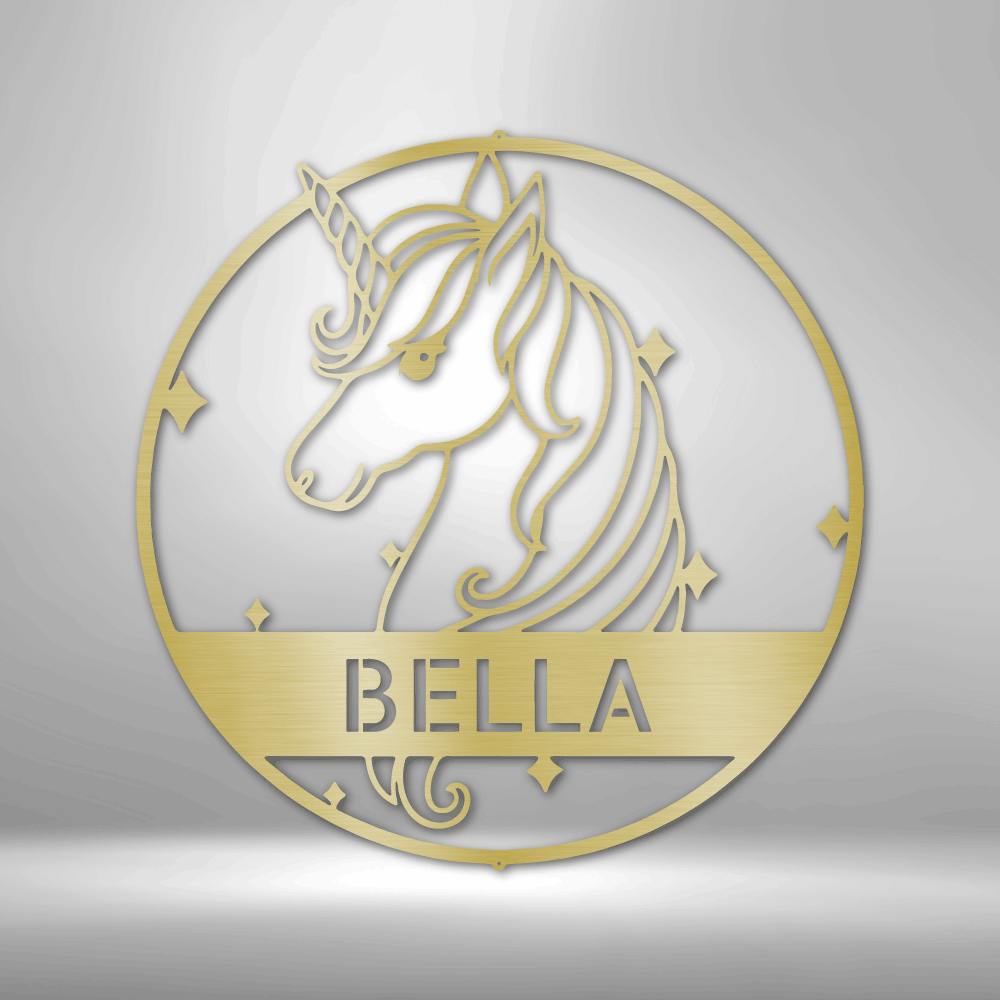 Personalized steel sign, unicorn sign for little girl's room, Gold finish steel sign, customized kids room décor, whimsical unicorn